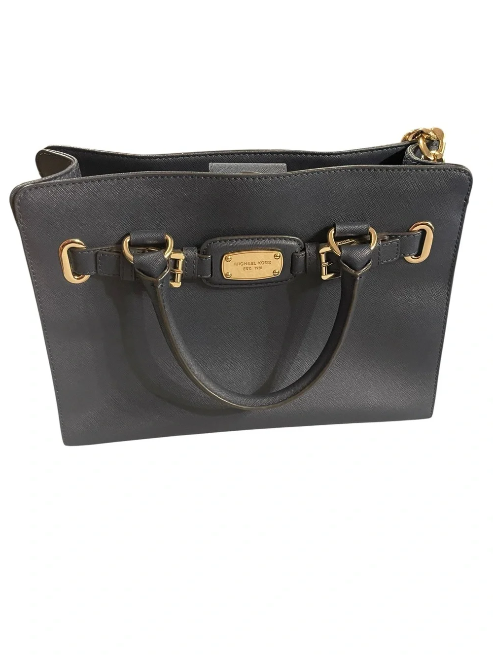 Michael Kors Navy Leather Satchel with Gold Hardware